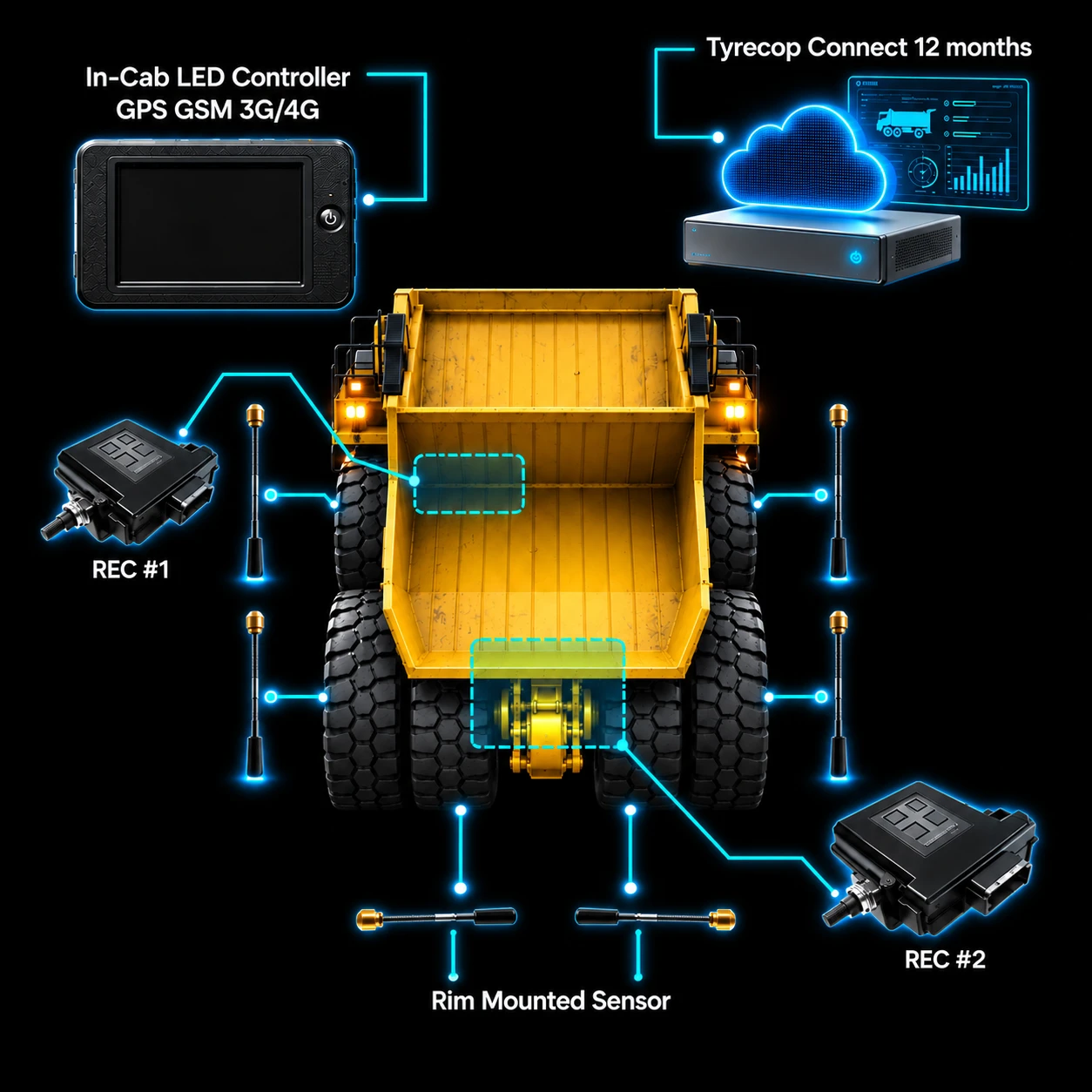 TyreCOP PRO+ system layout on a haul truck: the in-cab LED controller and two receivers link to TyreCOP Connect in the cloud, with a rim-mounted sensor at every wheel position